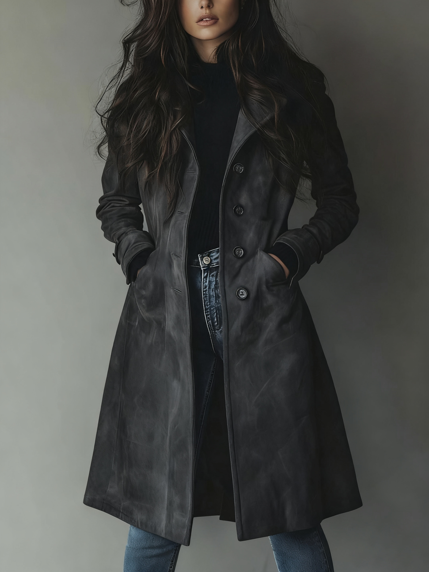 Women's faux suede long trench coat in dark gray