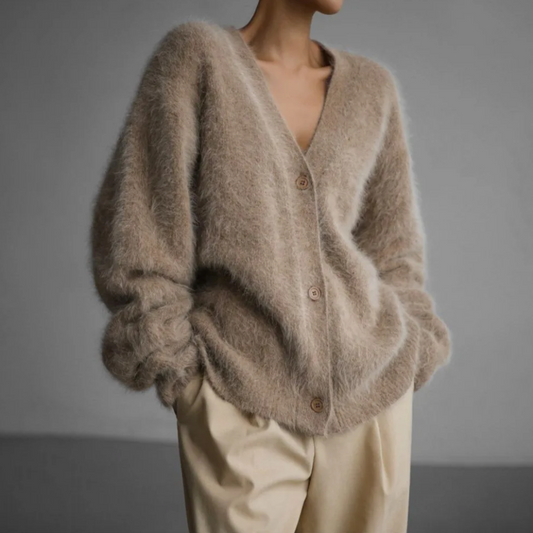 Women's fluffy oversized knit cardigan in taupe