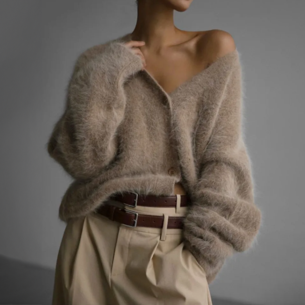 Women's fluffy oversized knit cardigan in taupe