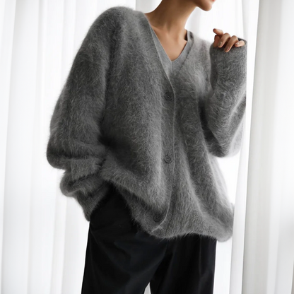 Women's fluffy oversized knit cardigan in dark gray