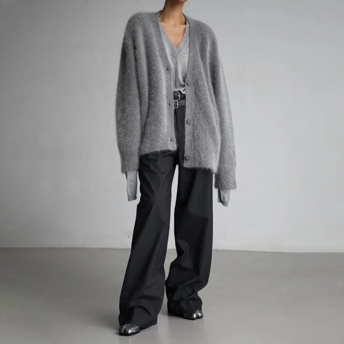 Women's fluffy oversized knit cardigan in dark gray