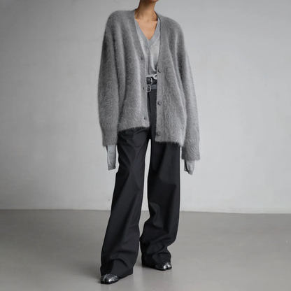 Women's fluffy oversized knit cardigan in dark gray