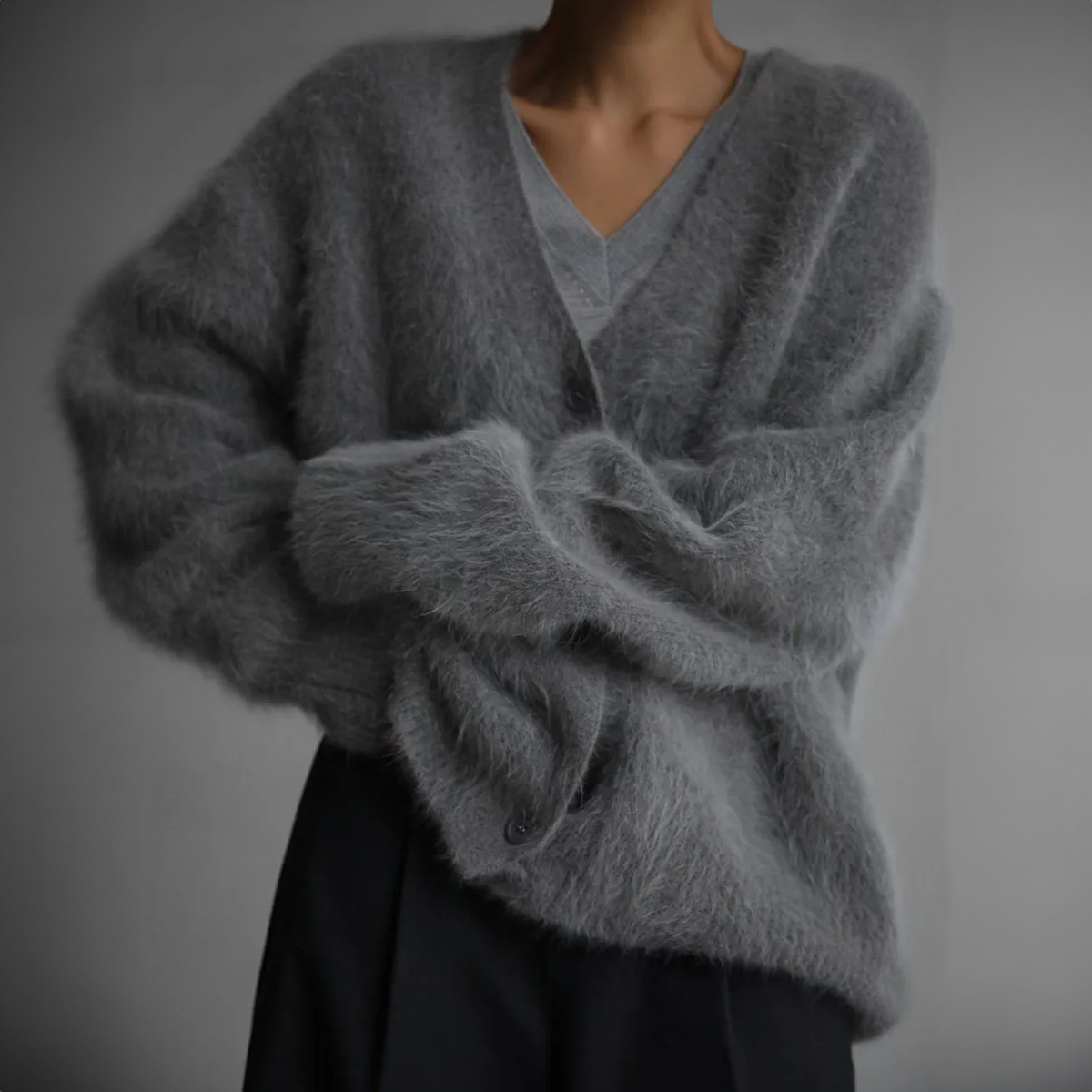 Women's fluffy oversized knit cardigan in dark gray