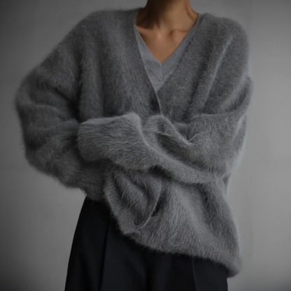 Women's fluffy oversized knit cardigan in dark gray