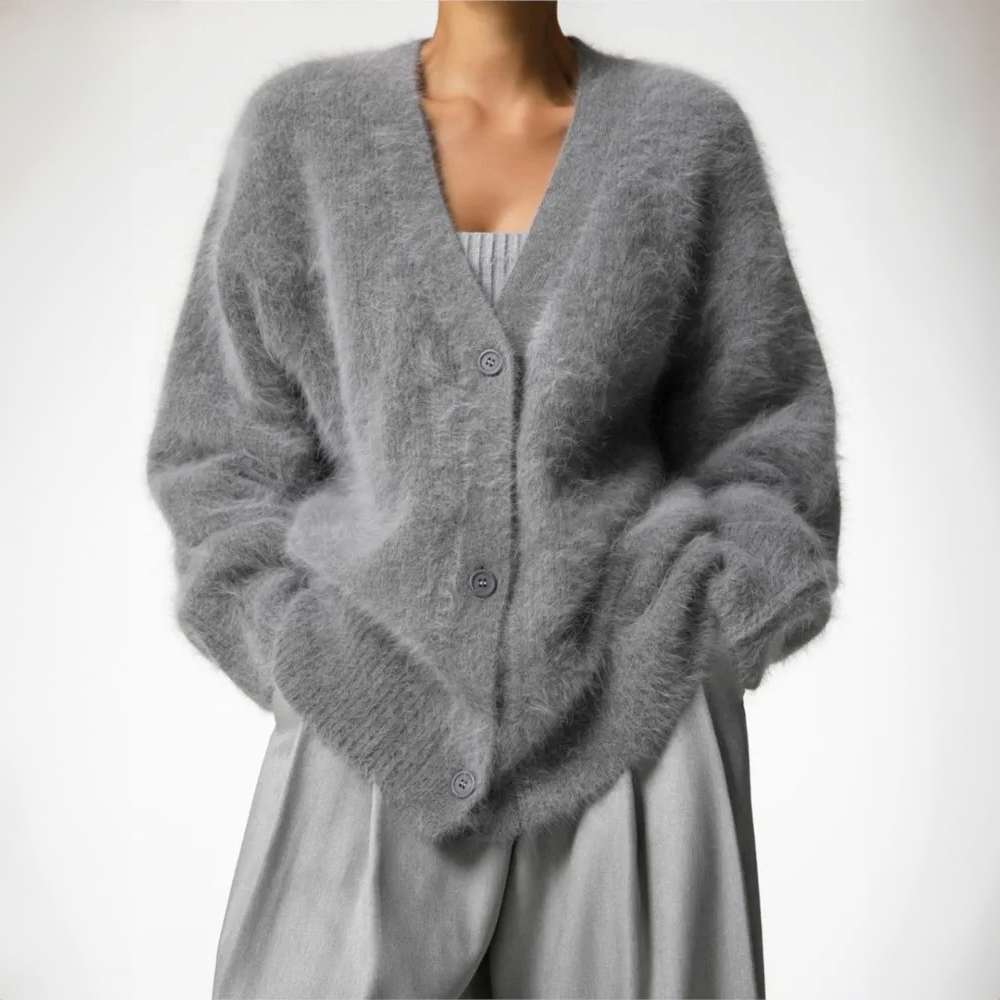 Women's fluffy oversized knit cardigan in dark gray