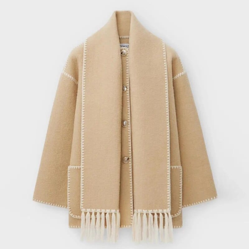 Women's beige open front cardigan with fringe trim shawl collar