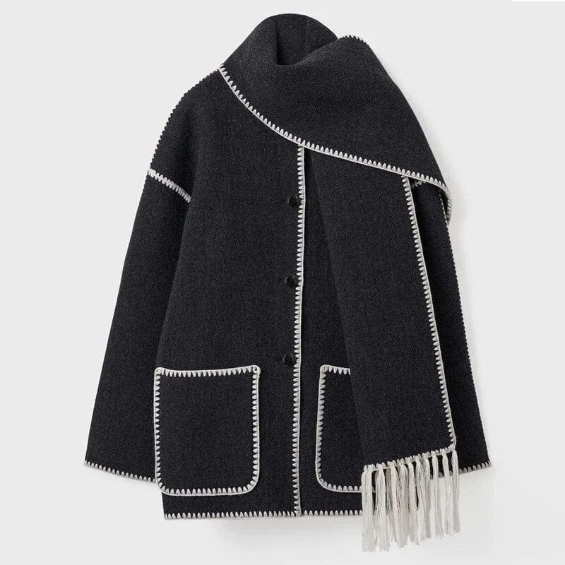 Women's beige open front cardigan with fringe trim shawl collar