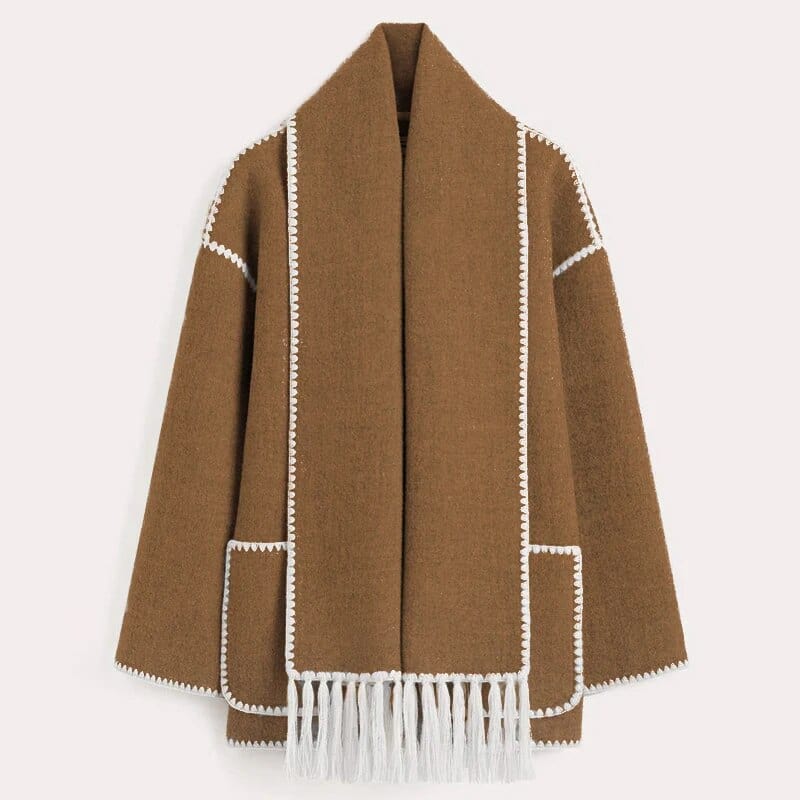 Women's black open front cardigan with fringe trim shawl collar