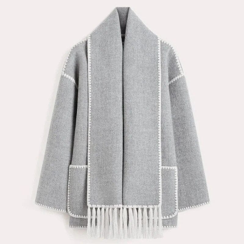 Women's black open front cardigan with fringe trim shawl collar