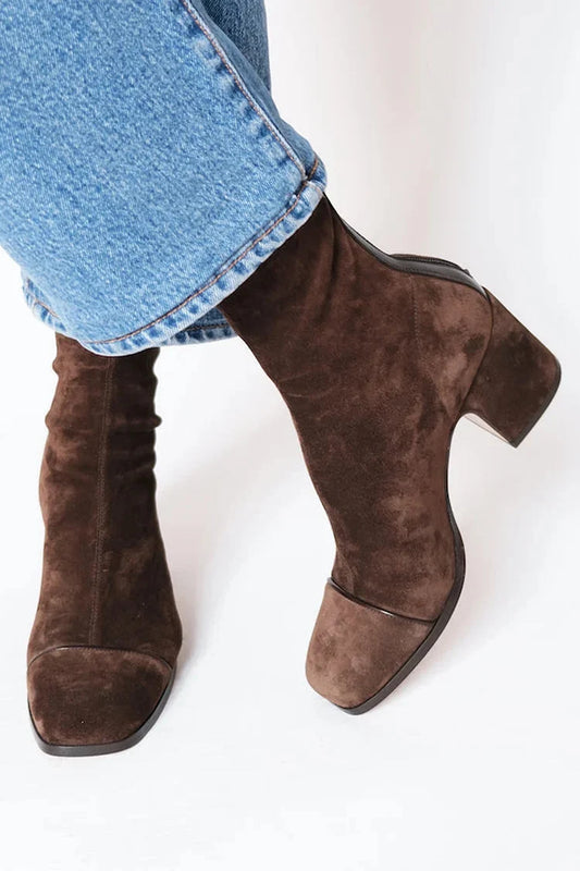 Women's brown suede heeled ankle boots with square toe