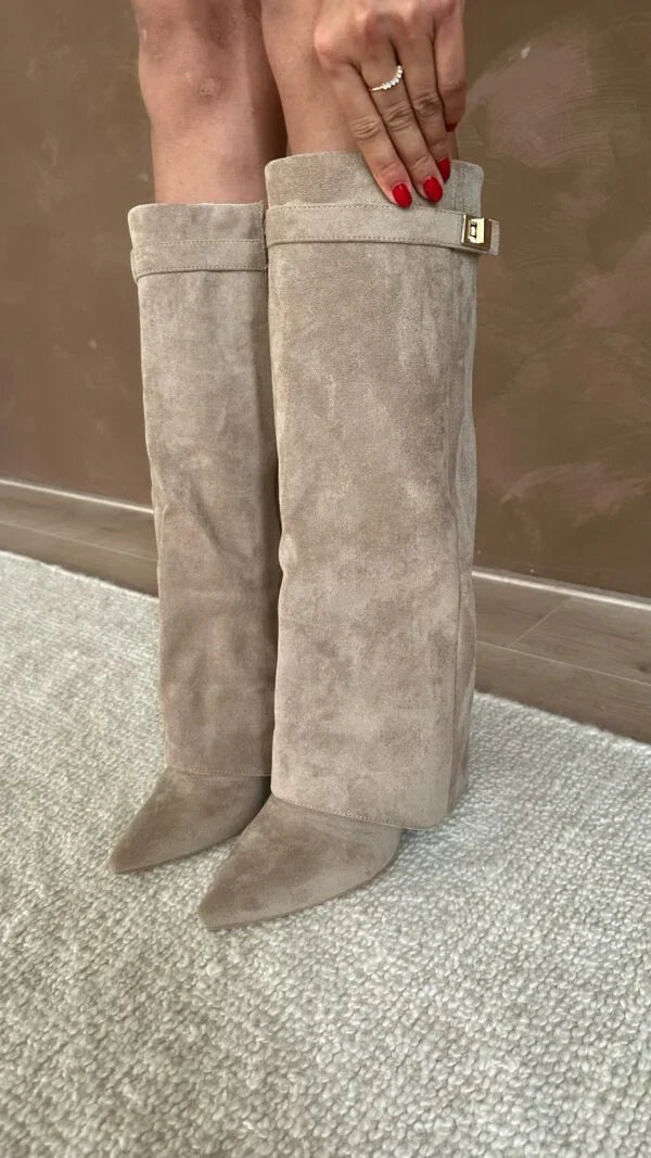 Women's beige knee-high boots with gold buckle detail