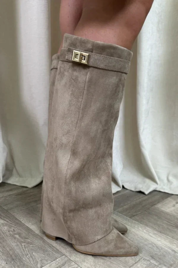Women's beige knee-high boots with gold buckle detail