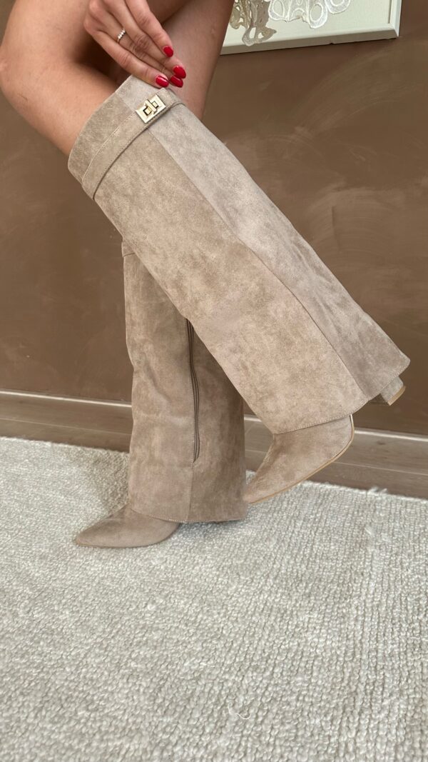 Women's beige knee-high boots with gold buckle detail