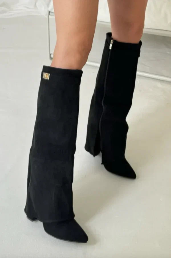 Women's beige knee-high boots with gold buckle detail