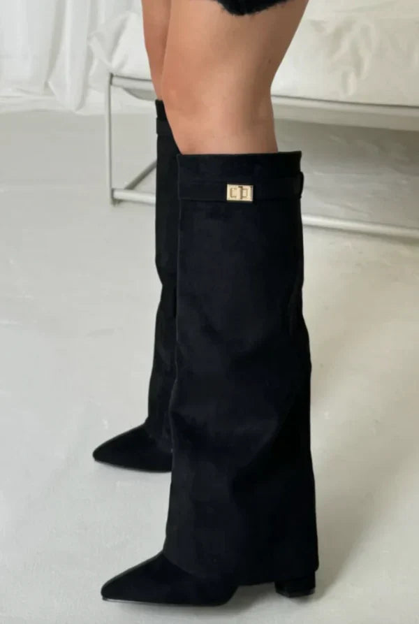 Women's beige knee-high boots with gold buckle detail