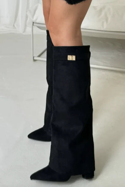 Women's beige knee-high boots with gold buckle detail