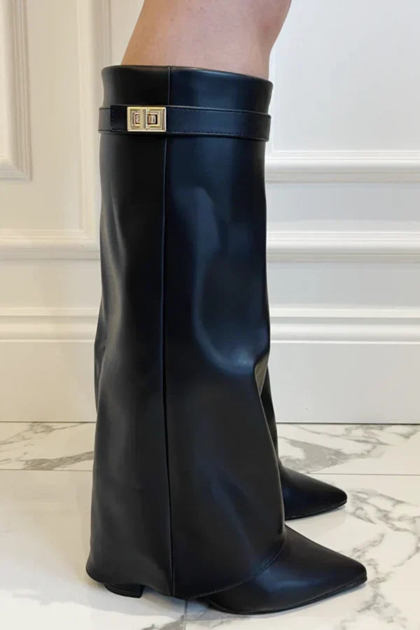Women's black knee-high boots with gold buckle detail
