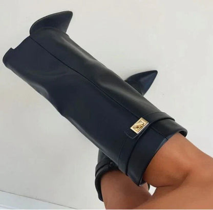 Women's black knee-high boots with gold buckle detail