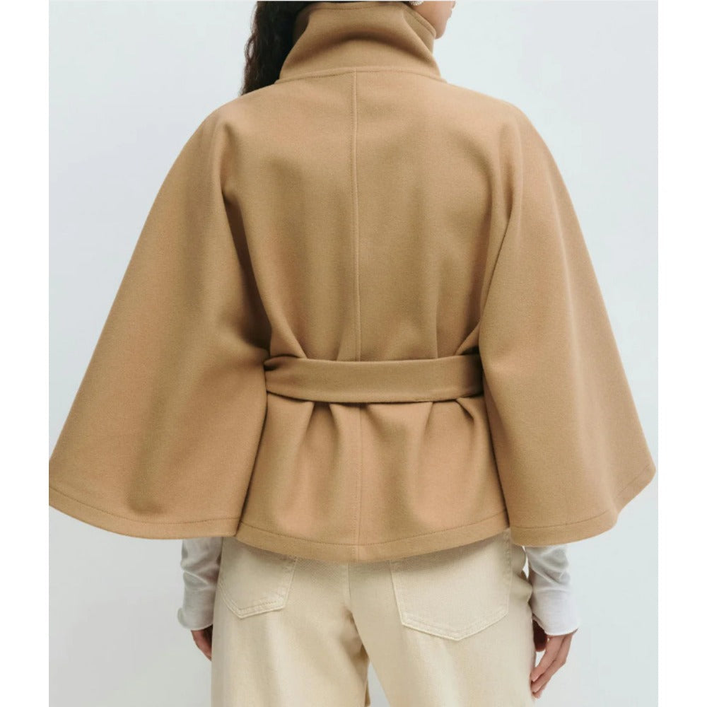 Women's khaki high collar cape coat with belt