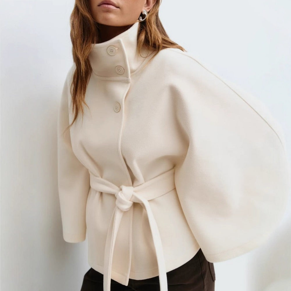 Women's khaki high collar cape coat with belt