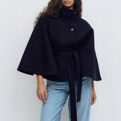 Women's khaki high collar cape coat with belt