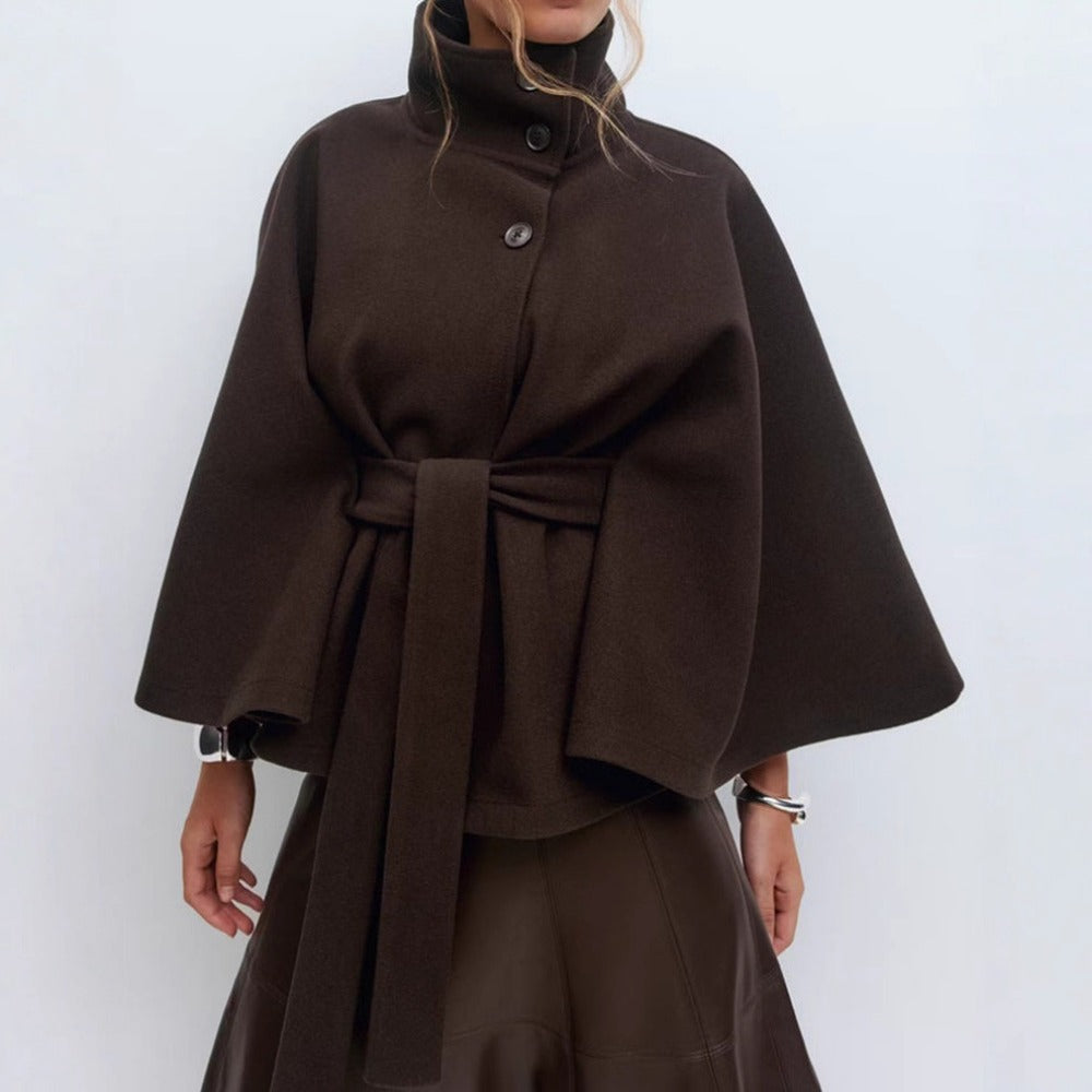 Women's khaki high collar cape coat with belt