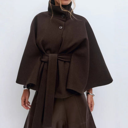 Women's khaki high collar cape coat with belt