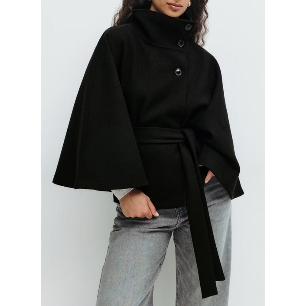 Women's white high collar cape coat with belt
