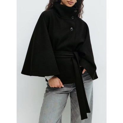 Women's white high collar cape coat with belt