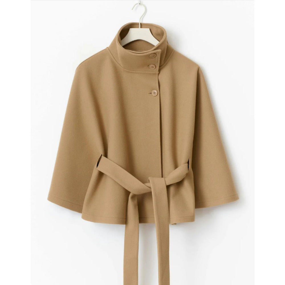 Women's white high collar cape coat with belt