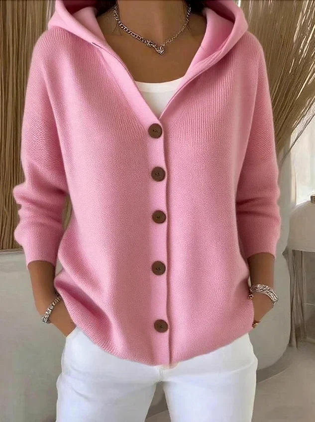 Women's hooded button-front cardigan sweater in pink