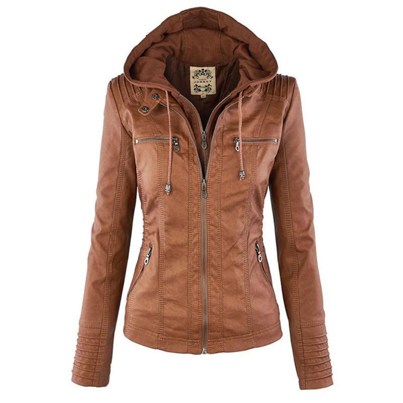 Women's hooded faux leather moto jacket in brown