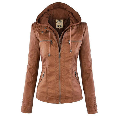 Women's hooded faux leather moto jacket in brown