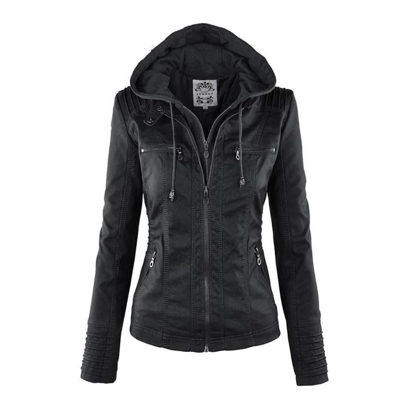 Women's hooded faux leather moto jacket in black