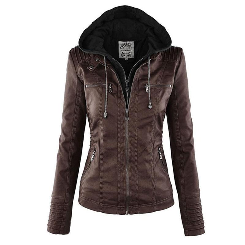 Women's hooded faux leather moto jacket in chocolate brown