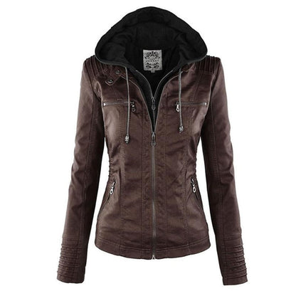 Women's hooded faux leather moto jacket in chocolate brown