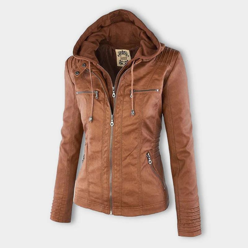 Women's hooded faux leather moto jacket in chocolate brown