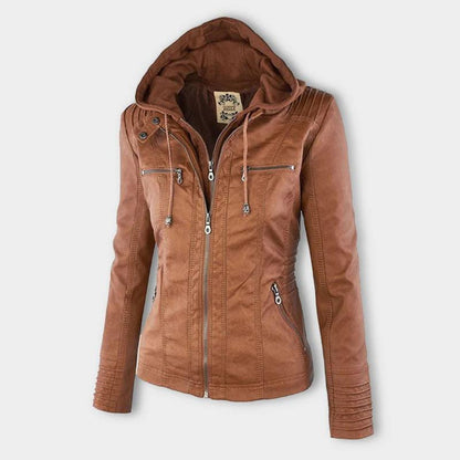 Women's hooded faux leather moto jacket in chocolate brown