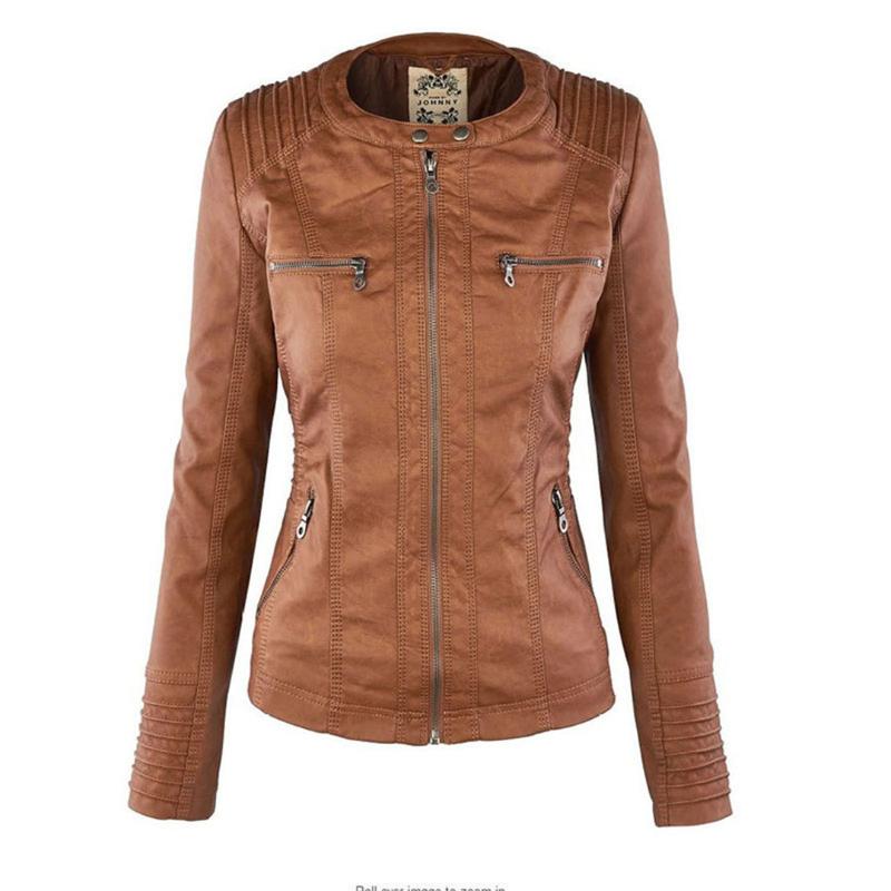 Women's hooded faux leather moto jacket in chocolate brown