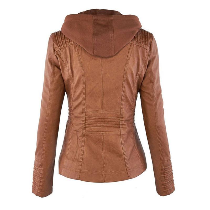 Women's hooded faux leather moto jacket in chocolate brown