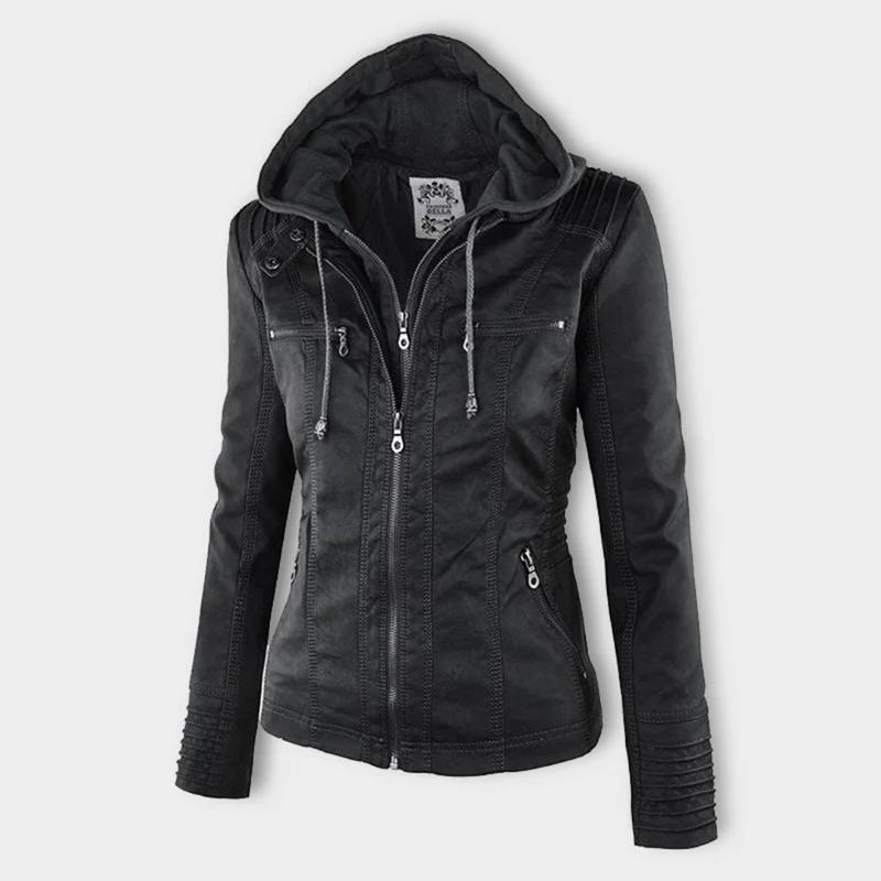 Women's hooded faux leather moto jacket in chocolate brown