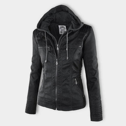 Women's hooded faux leather moto jacket in chocolate brown