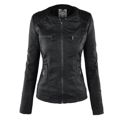 Women's hooded faux leather moto jacket in chocolate brown