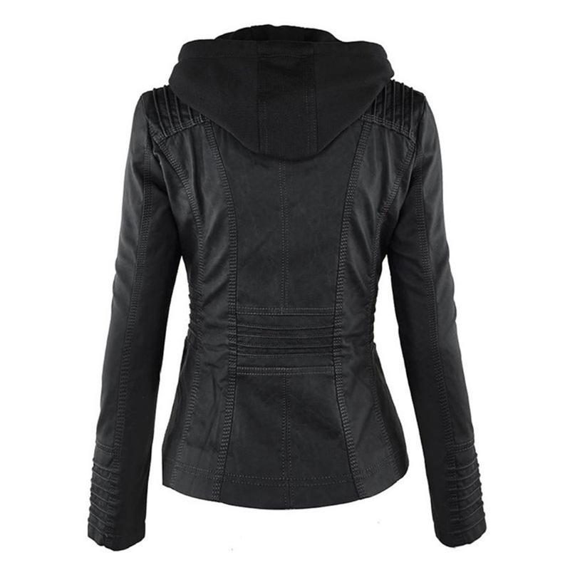 Women's hooded faux leather moto jacket in chocolate brown