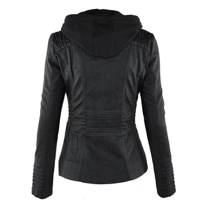 Women's hooded faux leather moto jacket in chocolate brown