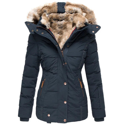 Women's quilted jacket with faux fur trim in blue