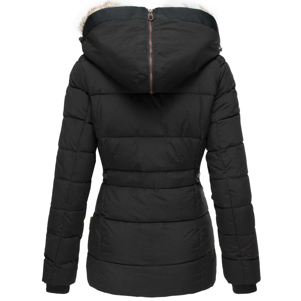 Women's quilted jacket with faux fur trim in black