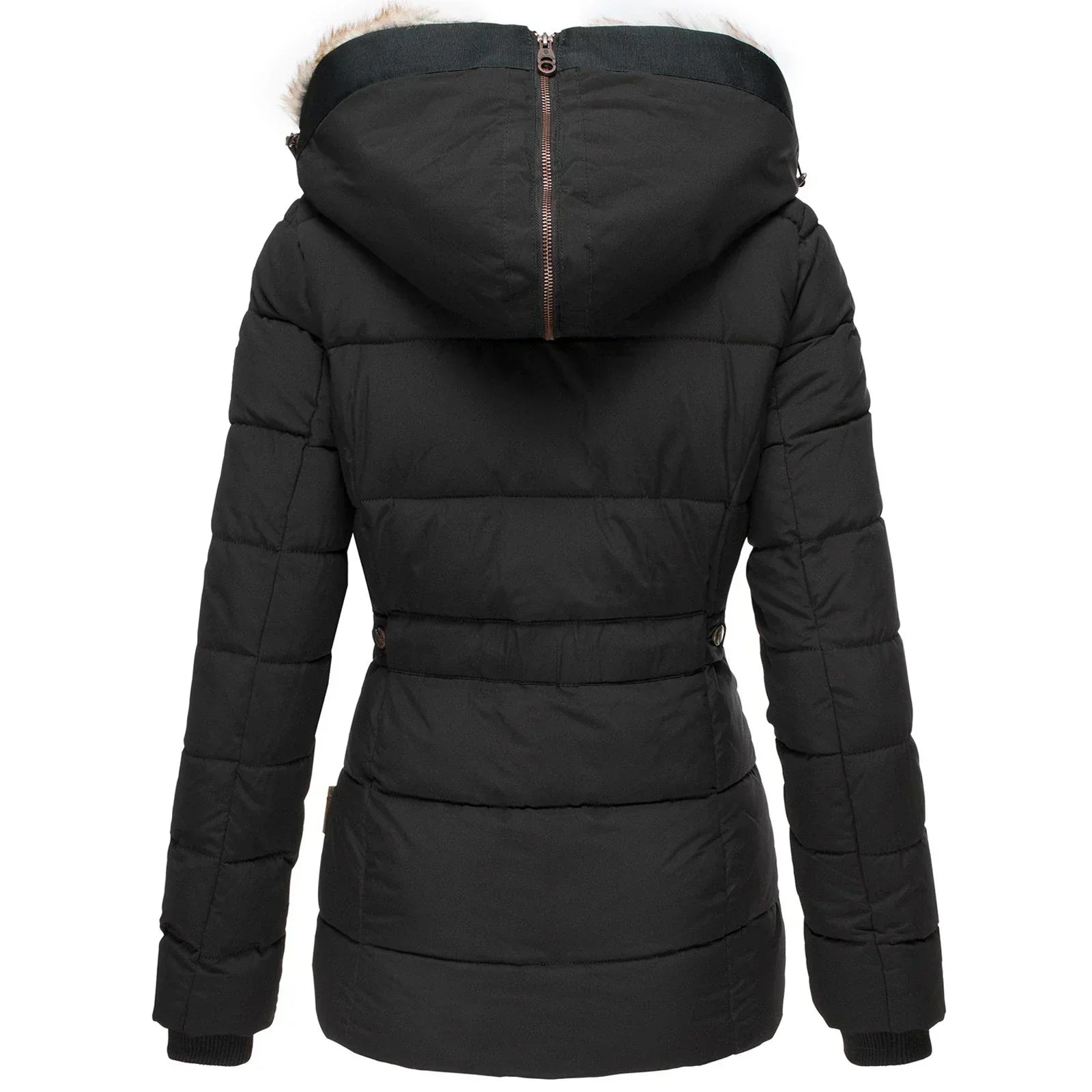 Women's quilted jacket with faux fur trim in black