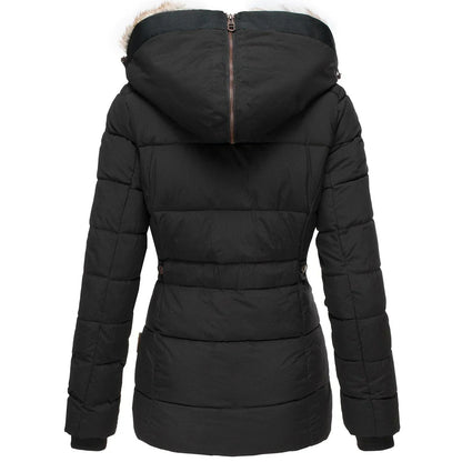 Women's quilted jacket with faux fur trim in black