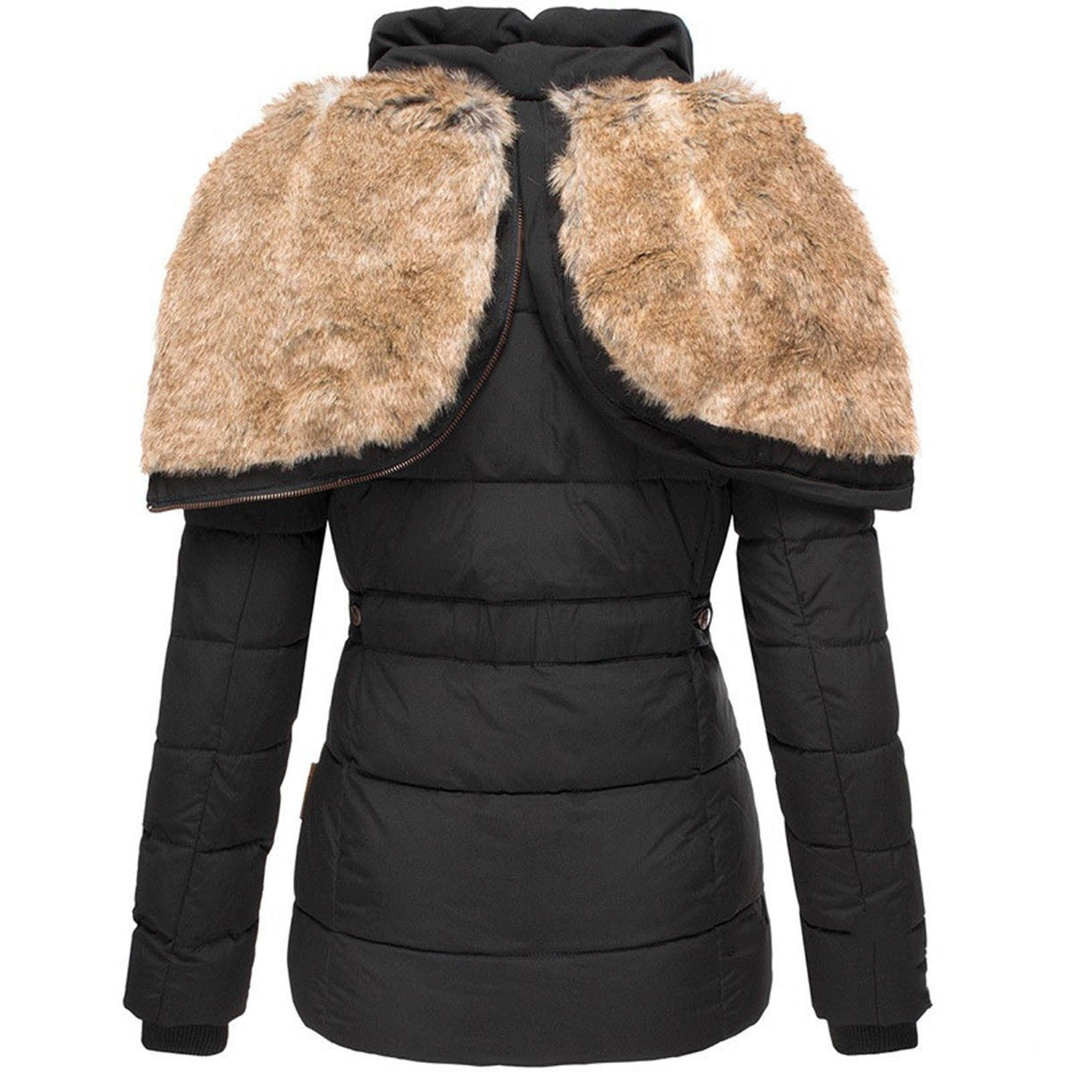 Women's quilted jacket with faux fur trim in black